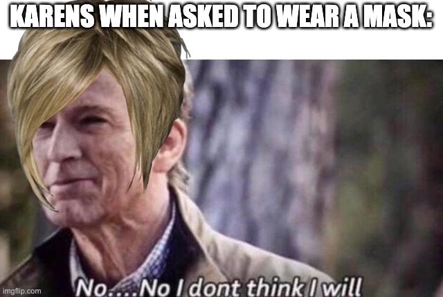 no mask >:( | KARENS WHEN ASKED TO WEAR A MASK: | image tagged in no i don't think i will | made w/ Imgflip meme maker