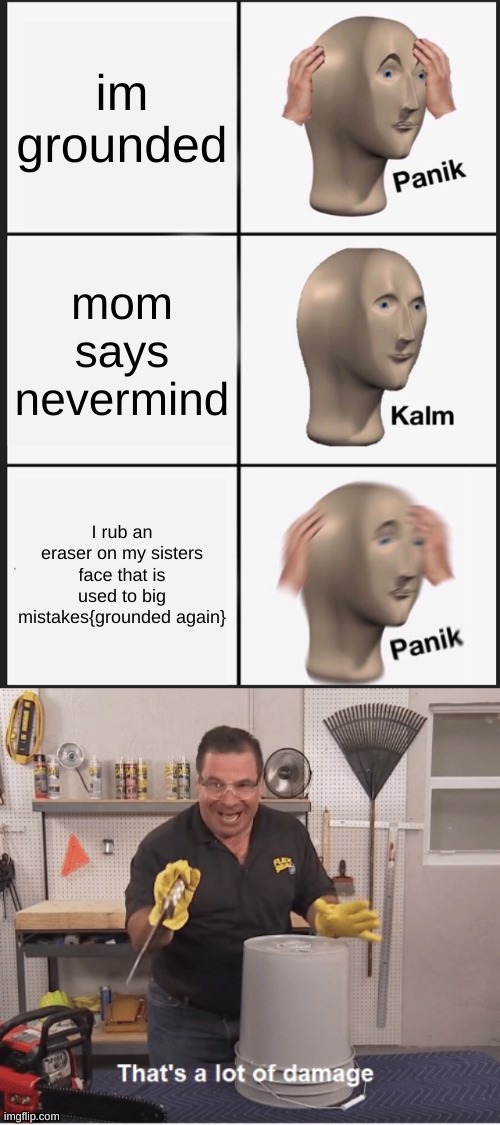 lottta damage |  im grounded; mom says nevermind; I rub an eraser on my sisters face that is used to big mistakes{grounded again} | image tagged in memes,panik kalm panik,thats a lot of damage | made w/ Imgflip meme maker