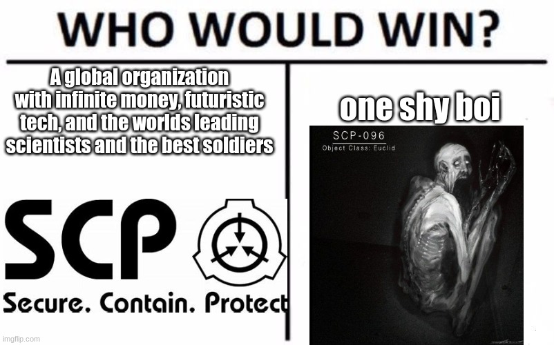 Who Would Win? Meme | A global organization with infinite money, futuristic tech, and the worlds leading scientists and the best soldiers; one shy boi | image tagged in memes,who would win | made w/ Imgflip meme maker