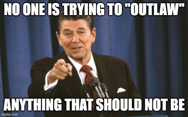 Ronald Reagan | NO ONE IS TRYING TO "OUTLAW" ANYTHING THAT SHOULD NOT BE | image tagged in ronald reagan | made w/ Imgflip meme maker