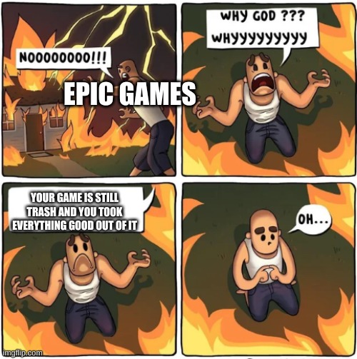 why god | EPIC GAMES; YOUR GAME IS STILL TRASH AND YOU TOOK EVERYTHING GOOD OUT OF IT | image tagged in why god | made w/ Imgflip meme maker