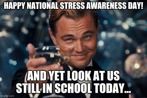 *Sigh* | HAPPY NATIONAL STRESS AWARENESS DAY! AND YET LOOK AT US STILL IN SCHOOL TODAY... | image tagged in memes,leonardo dicaprio cheers | made w/ Imgflip meme maker