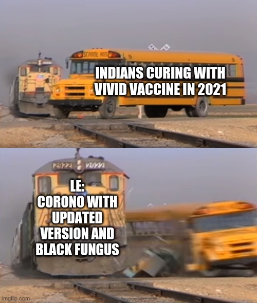 A train hitting a school bus | INDIANS CURING WITH VIVID VACCINE IN 2021; LE:
CORONO WITH UPDATED VERSION AND BLACK FUNGUS | image tagged in a train hitting a school bus | made w/ Imgflip meme maker