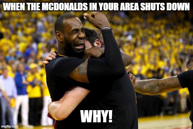 2016 NBA Finals Lebron Crying | WHEN THE MCDONALDS IN YOUR AREA SHUTS DOWN; WHY! | image tagged in 2016 nba finals lebron crying | made w/ Imgflip meme maker