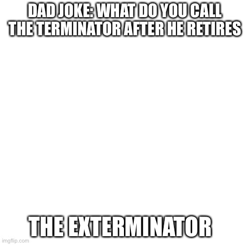Dad joke 1 | DAD JOKE: WHAT DO YOU CALL THE TERMINATOR AFTER HE RETIRES; THE EXTERMINATOR | image tagged in memes,blank transparent square | made w/ Imgflip meme maker
