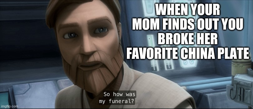 So how was my funeral? |  WHEN YOUR MOM FINDS OUT YOU BROKE HER FAVORITE CHINA PLATE | image tagged in so how was my funeral | made w/ Imgflip meme maker