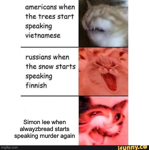Poor simon, he doesnt get it | Simon lee when alwayzbread starts speaking murder again | image tagged in americans when | made w/ Imgflip meme maker