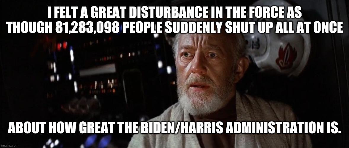 *crickets* | I FELT A GREAT DISTURBANCE IN THE FORCE AS THOUGH 81,283,098 PEOPLE SUDDENLY SHUT UP ALL AT ONCE; ABOUT HOW GREAT THE BIDEN/HARRIS ADMINISTRATION IS. | image tagged in obi-wan cried out,biden,kamala harris,voters | made w/ Imgflip meme maker