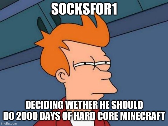Futurama Fry Meme | SOCKSFOR1; DECIDING WETHER HE SHOULD DO 2000 DAYS OF HARD CORE MINECRAFT | image tagged in memes,futurama fry | made w/ Imgflip meme maker