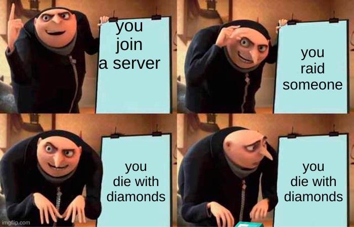 Leave your diamonds at home! | you join a server; you raid someone; you die with diamonds; you die with diamonds | image tagged in memes,gru's plan | made w/ Imgflip meme maker