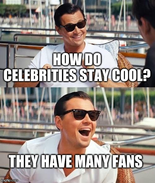 Leonardo Dicaprio Wolf Of Wall Street | HOW DO CELEBRITIES STAY COOL? THEY HAVE MANY FANS | image tagged in memes,leonardo dicaprio wolf of wall street | made w/ Imgflip meme maker