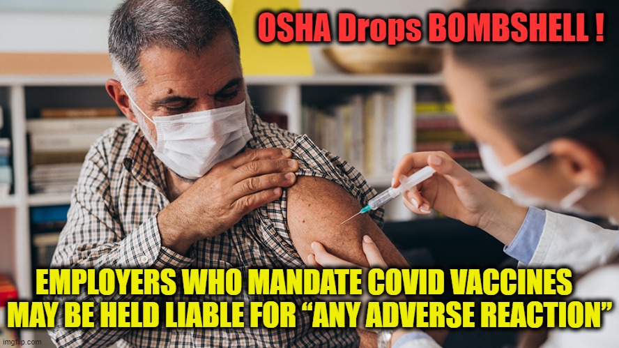Now That Will Put a Little Dent in Their Dinghy! | OSHA Drops BOMBSHELL ! EMPLOYERS WHO MANDATE COVID VACCINES  

MAY BE HELD LIABLE FOR “ANY ADVERSE REACTION” | image tagged in politics,covid vaccine,consequences,breaking news | made w/ Imgflip meme maker