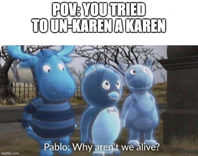 M O N K E | POV: YOU TRIED TO UN-KAREN A KAREN | image tagged in pablo why aren't we alive | made w/ Imgflip meme maker