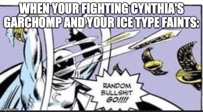 Random Bullshit Go | WHEN YOUR FIGHTING CYNTHIA'S GARCHOMP AND YOUR ICE TYPE FAINTS: | image tagged in random bullshit go | made w/ Imgflip meme maker