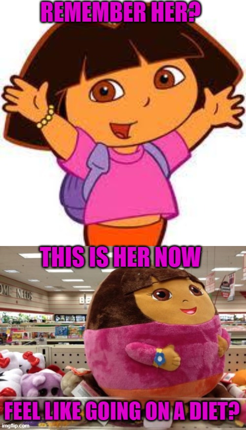 Dora, Dora, Dora, The Exsplo-oh no | REMEMBER HER? THIS IS HER NOW; FEEL LIKE GOING ON A DIET? | image tagged in dora,stuffed,diet,feel old yet | made w/ Imgflip meme maker