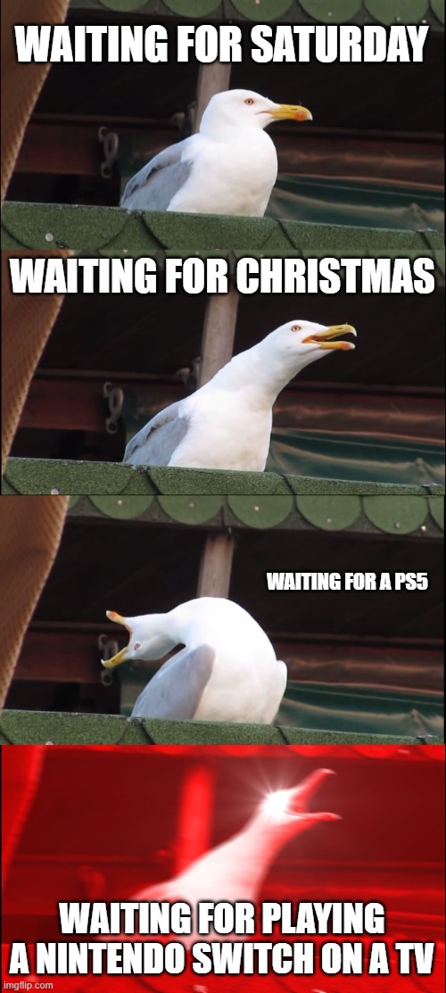 Me when waiting | WAITING FOR SATURDAY; WAITING FOR CHRISTMAS; WAITING FOR A PS5; WAITING FOR PLAYING A NINTENDO SWITCH ON A TV | image tagged in memes,inhaling seagull | made w/ Imgflip meme maker