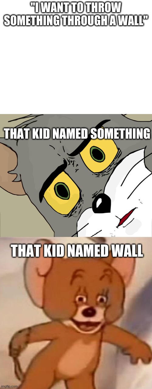 "I WANT TO THROW SOMETHING THROUGH A WALL"; THAT KID NAMED SOMETHING; THAT KID NAMED WALL | image tagged in blank white template,memes,unsettled tom,polish jerry | made w/ Imgflip meme maker