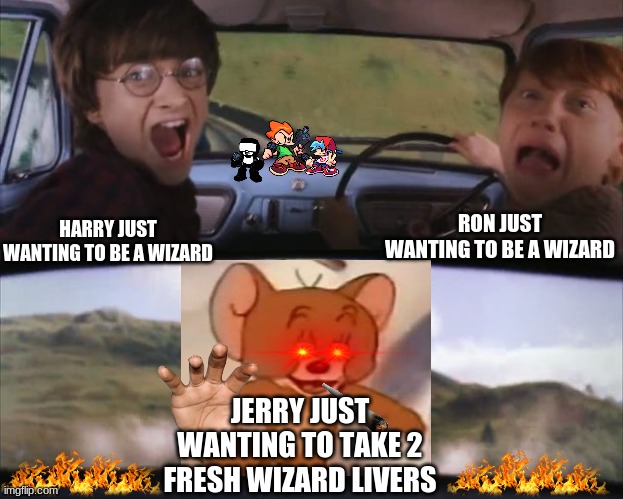 Tom chasing Harry and Ron Weasly | RON JUST WANTING TO BE A WIZARD; HARRY JUST WANTING TO BE A WIZARD; JERRY JUST WANTING TO TAKE 2 FRESH WIZARD LIVERS | image tagged in tom chasing harry and ron weasly | made w/ Imgflip meme maker