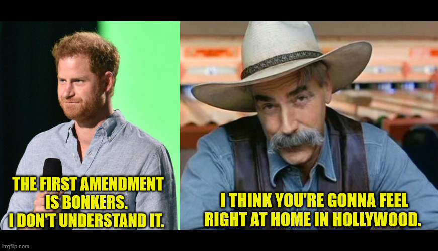 Birds of a feather, flock together. | I THINK YOU'RE GONNA FEEL RIGHT AT HOME IN HOLLYWOOD. THE FIRST AMENDMENT IS BONKERS. 
I DON'T UNDERSTAND IT. | image tagged in sam elliott special kind of stupid,liberal logic,prince harry,free speech,cancel culture | made w/ Imgflip meme maker
