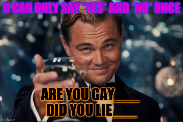 Leonardo Dicaprio Cheers | U CAN ONLY SAY *YES* AND *NO* ONCE; ARE YOU GAY___ 
DID YOU LIE___ | image tagged in memes,leonardo dicaprio cheers | made w/ Imgflip meme maker