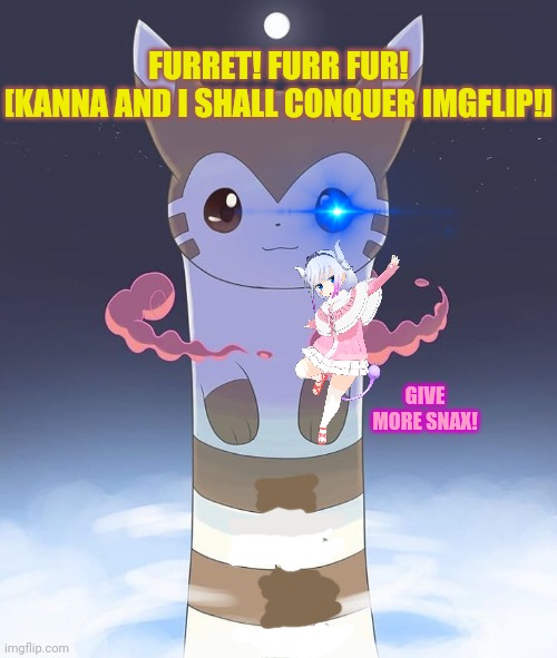 The furret king and Kanna Kamui join forces! | FURRET! FURR FUR!
[KANNA AND I SHALL CONQUER IMGFLIP!]; GIVE MORE SNAX! | image tagged in giant furret,kanna kamui,pokemon,anime girl,more furret memes | made w/ Imgflip meme maker