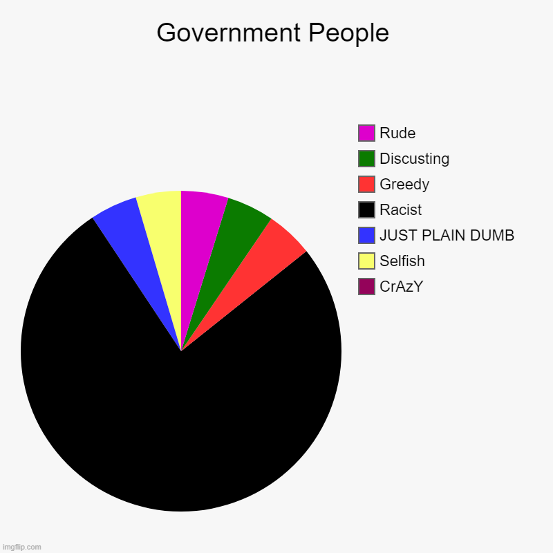 Government People | CrAzY, Selfish, JUST PLAIN DUMB, Racist, Greedy, Discusting, Rude | image tagged in charts,pie charts | made w/ Imgflip chart maker