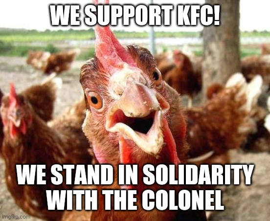 Whenever I hear lgbtqppai supporting Islamic nations | WE SUPPORT KFC! WE STAND IN SOLIDARITY
WITH THE COLONEL | image tagged in chicken,islam,terrorism,lgbtq,idiots,kfc colonel sanders | made w/ Imgflip meme maker