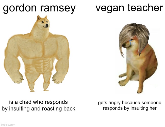 buff doge vs cheams | gordon ramsey; vegan teacher; is a chad who responds by insulting and roasting back; gets angry because someone responds by insulting her | image tagged in memes,buff doge vs cheems | made w/ Imgflip meme maker