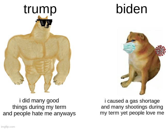 dont fight in comments plz | trump; biden; i did many good things during my term and people hate me anyways; i caused a gas shortage and many shootings during my term yet people love me | image tagged in memes,buff doge vs cheems | made w/ Imgflip meme maker