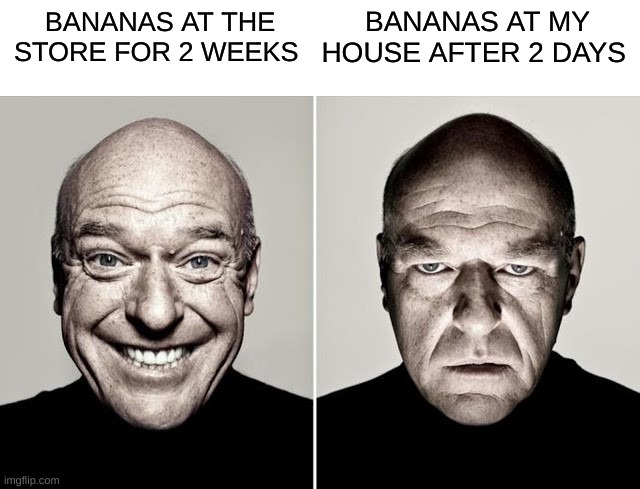 They turn black after 2 days smh | BANANAS AT MY HOUSE AFTER 2 DAYS; BANANAS AT THE STORE FOR 2 WEEKS | image tagged in dean norris happy and not happy,dean norris,memes,funny,fun,dank | made w/ Imgflip meme maker