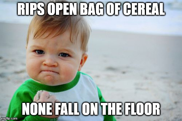 no cereal spilt today! | RIPS OPEN BAG OF CEREAL; NONE FALL ON THE FLOOR | image tagged in memes,success kid original | made w/ Imgflip meme maker