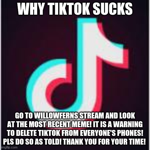 Don't play tiktok any more! | WHY TIKTOK SUCKS; GO TO WILLOWFERNS STREAM AND LOOK AT THE MOST RECENT MEME! IT IS A WARNING TO DELETE TIKTOK FROM EVERYONE'S PHONES! PLS DO SO AS TOLD! THANK YOU FOR YOUR TIME! | image tagged in reasons-why-tiktok-sucks png | made w/ Imgflip meme maker