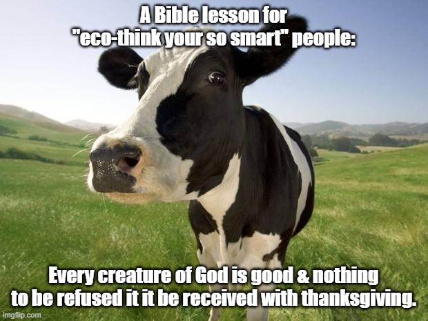 cow | A Bible lesson for "eco-think your so smart" people:; Every creature of God is good & nothing to be refused it it be received with thanksgiving. | image tagged in cow | made w/ Imgflip meme maker