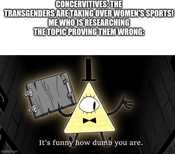CONCERVITIVES: THE TRANSGENDERS ARE TAKING OVER WOMEN'S SPORTS!
ME WHO IS RESEARCHING THE TOPIC PROVING THEM WRONG: | image tagged in memes,blank transparent square,it's funny how dumb you are bill cipher | made w/ Imgflip meme maker