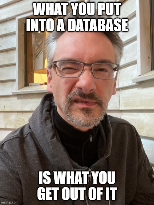 Brent Ozar Feels | WHAT YOU PUT INTO A DATABASE; IS WHAT YOU GET OUT OF IT | image tagged in brent ozar feels | made w/ Imgflip meme maker