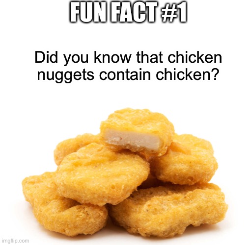 chicken nuggies | FUN FACT #1; Did you know that chicken nuggets contain chicken? | image tagged in facts,funny | made w/ Imgflip meme maker