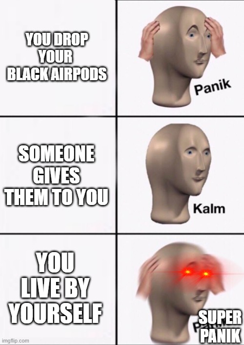 Stonks Panic Calm Panic | YOU DROP YOUR  BLACK AIRPODS; SOMEONE GIVES THEM TO YOU; YOU LIVE BY YOURSELF; SUPER PANIK | image tagged in stonks panic calm panic | made w/ Imgflip meme maker