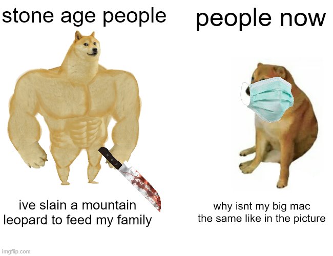 Buff Doge vs. Cheems Meme | stone age people; people now; ive slain a mountain leopard to feed my family; why isnt my big mac the same like in the picture | image tagged in memes,buff doge vs cheems | made w/ Imgflip meme maker