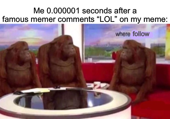Where banana blank | Me 0.000001 seconds after a famous memer comments “LOL” on my meme:; follow | image tagged in where banana blank | made w/ Imgflip meme maker