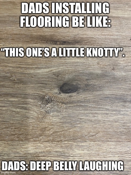 Dads flooring it. | DADS INSTALLING FLOORING BE LIKE:; “THIS ONE’S A LITTLE KNOTTY”. DADS: DEEP BELLY LAUGHING | image tagged in dad,dad joke,floor,home,bad joke,wood | made w/ Imgflip meme maker