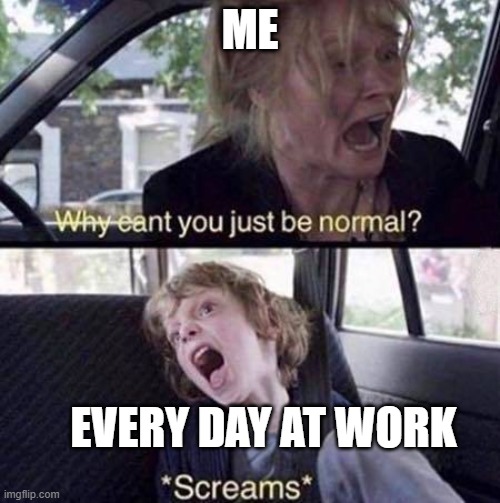 Work is never normal | ME; EVERY DAY AT WORK | image tagged in why can't you just be normal | made w/ Imgflip meme maker