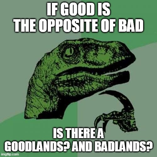 Philosoraptor | IF GOOD IS THE OPPOSITE OF BAD; IS THERE A GOODLANDS? AND BADLANDS? | image tagged in memes,philosoraptor | made w/ Imgflip meme maker