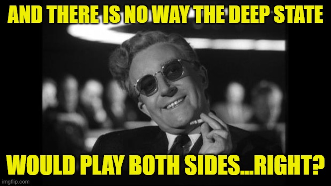 dr strangelove | AND THERE IS NO WAY THE DEEP STATE WOULD PLAY BOTH SIDES...RIGHT? | image tagged in dr strangelove | made w/ Imgflip meme maker