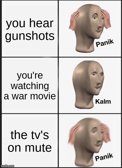 Panik Kalm Panik | you hear gunshots; you're watching a war movie; the tv's on mute | image tagged in memes,panik kalm panik | made w/ Imgflip meme maker