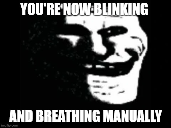 we do a little trolling | YOU'RE NOW BLINKING; AND BREATHING MANUALLY | image tagged in trollge | made w/ Imgflip meme maker