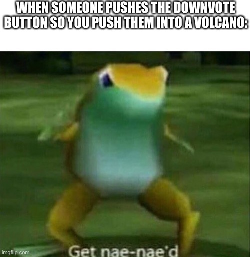 haha get nae nae’d downvoter | WHEN SOMEONE PUSHES THE DOWNVOTE BUTTON SO YOU PUSH THEM INTO A VOLCANO: | image tagged in get nae-nae'd,memes,volcano | made w/ Imgflip meme maker
