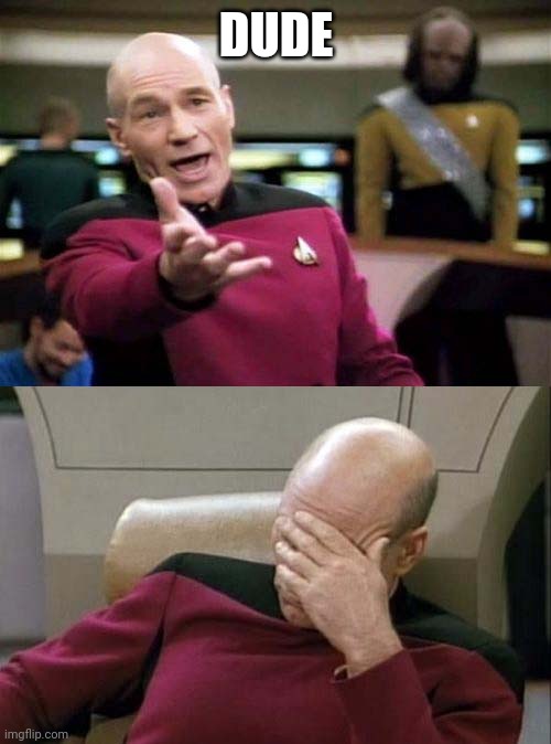 Picard WTF and Facepalm combined | DUDE | image tagged in picard wtf and facepalm combined | made w/ Imgflip meme maker