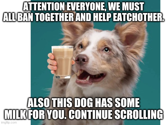 choccy milk dog | ATTENTION EVERYONE, WE MUST ALL BAN TOGETHER AND HELP EATCHOTHER. ALSO THIS DOG HAS SOME MILK FOR YOU. CONTINUE SCROLLING | image tagged in choccy milk | made w/ Imgflip meme maker