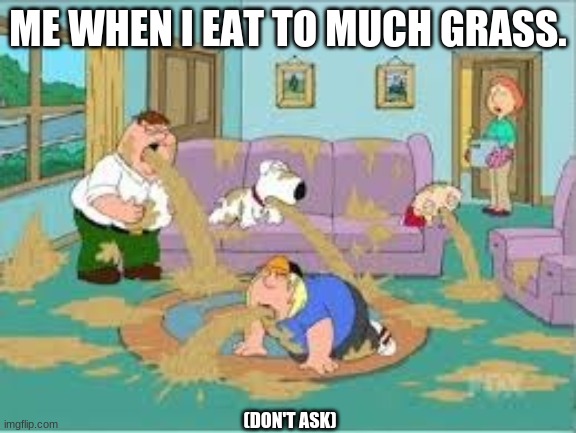 Family Guy Barfing | ME WHEN I EAT TO MUCH GRASS. (DON'T ASK) | image tagged in family guy barfing | made w/ Imgflip meme maker