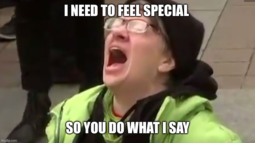 Screaming Liberal  | I NEED TO FEEL SPECIAL SO YOU DO WHAT I SAY | image tagged in screaming liberal | made w/ Imgflip meme maker